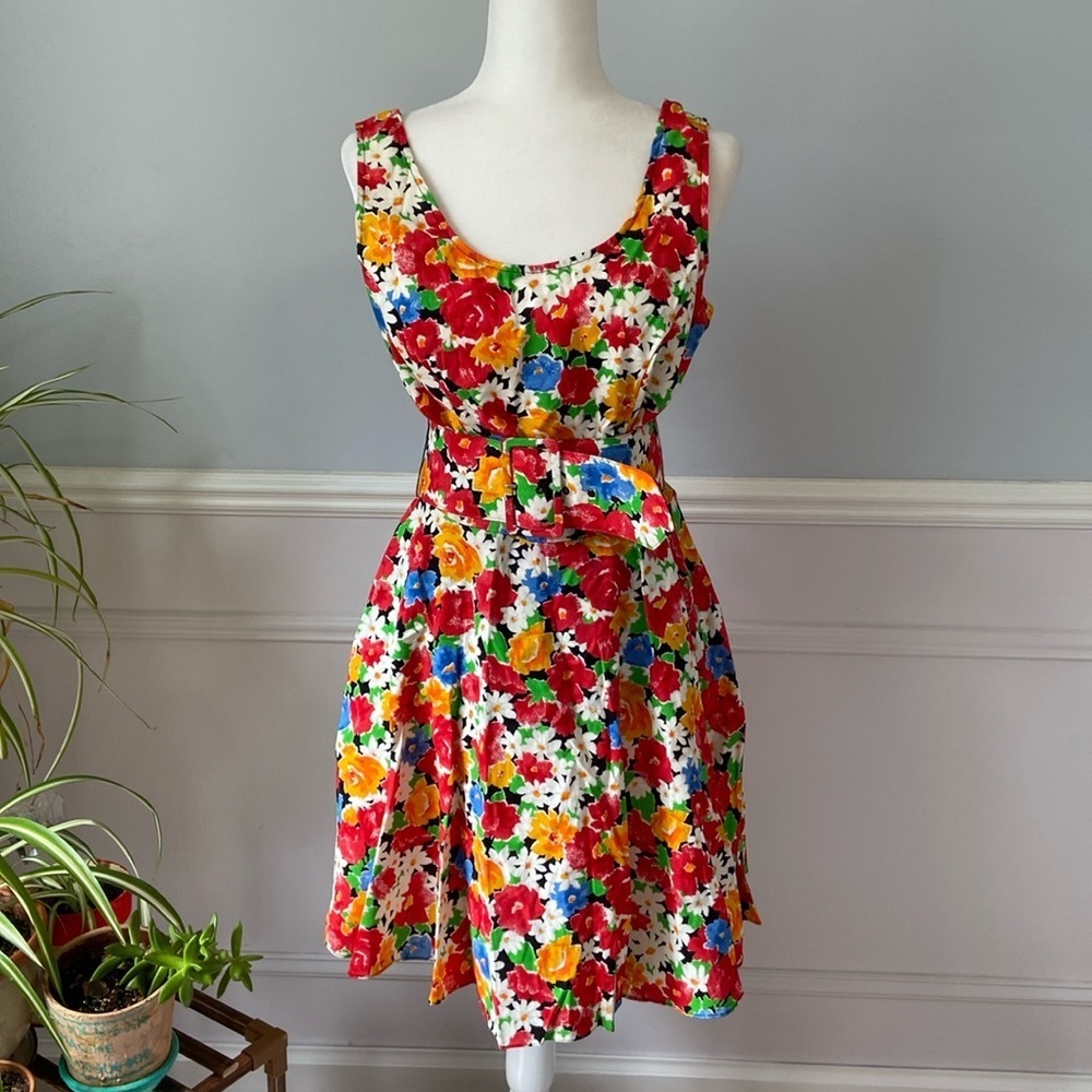 Vintage Paris Sport Club Skater Dress Mini Floral Belted Size 10 A-Line Black - Picture 3 of 15